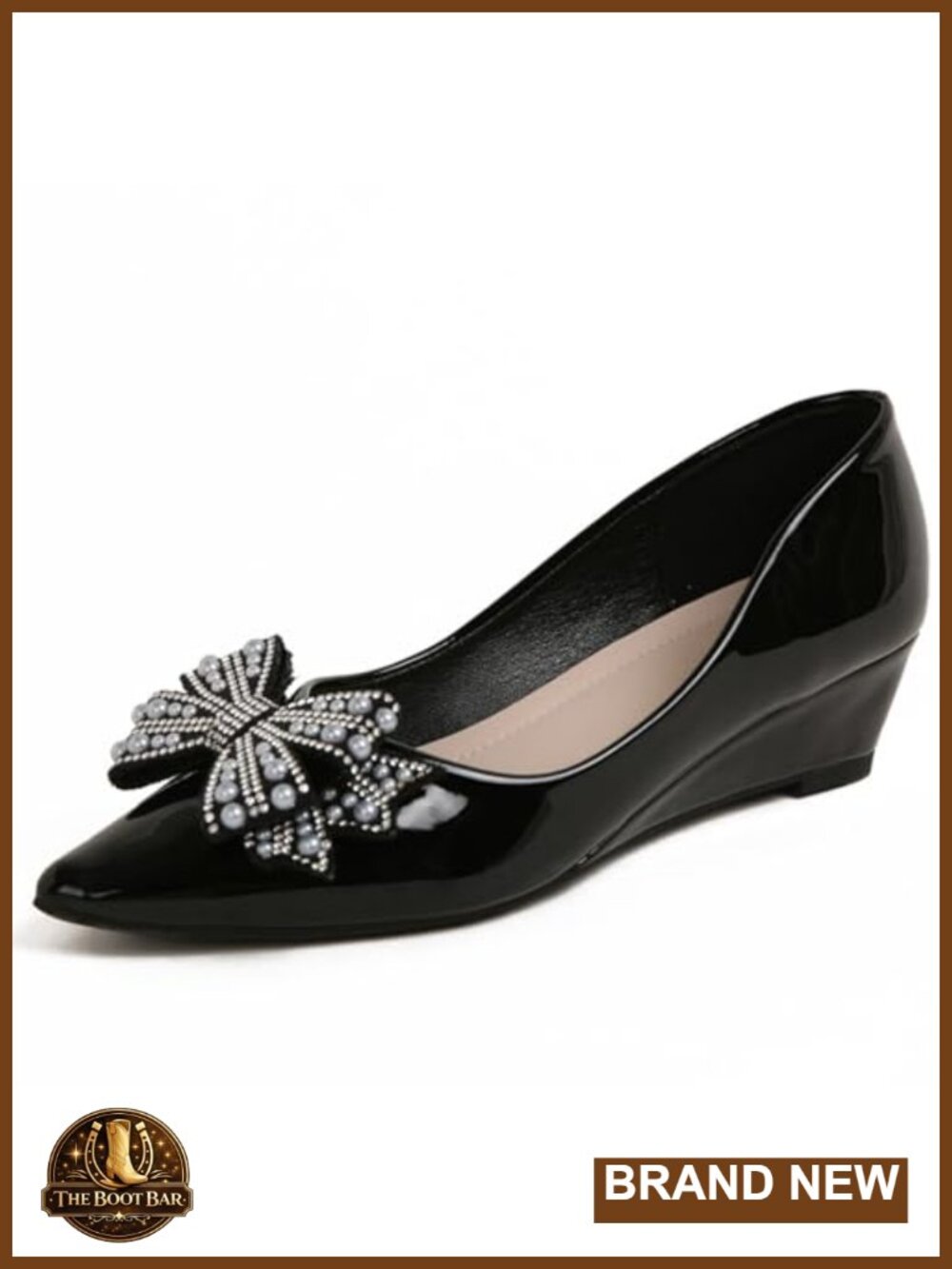 PU Leather Pointed Toe Rhinestone Wedge Pumps